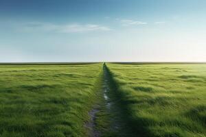 de landschap van gras velden en blauw lucht weg leidend uit in de afstand. generatief ai. foto