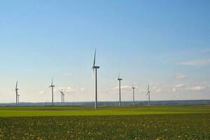 voorjaar landschap met blauw luchten en groente, veld- en wind boerderij foto