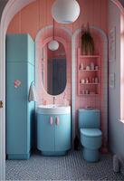 bad kamer interieur ontwerp wijnoogst stijl, pastel kleuren. roze muren, blauw tegels, pastel gekleurde en wijnoogst meubilair. generatief ai 3d illustratie foto