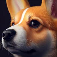 detailopname portret van hond corgi gezicht in profiel. de uiteinde van een loop van een hond met ogen, roze taal, lang snor, zwart neus. uiteinde van een loop van een hond in profiel generatief ai. foto