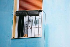 raam op de blauwe gevel van het huis foto