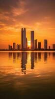 horizon gebouwen reflecterend in de water gedurende zonsondergang of zonsopkomst, verbazingwekkend Dubai toerist bestemming. generatief ai technologie. foto