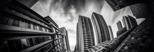 futuristische grijs lucht visie tussen hoogbouw gebouwen in de stad. echt landgoed en zakelijke bouw, generatief ai technologie. foto