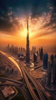 antenne visie van burj khalifa en de sjeik zayed weg uitwisseling, downtown Dubai in zonsondergang of zonsopkomst visie. verbazingwekkend toerist bestemming, generatief ai technologie. foto