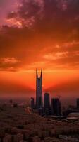 verbazingwekkend zonsondergang of zonsopkomst visie over- de wolkenkrabbers gebouwen in modern stad. generatief ai technologie. foto