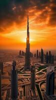 antenne visie van burj khalifa en de sjeik zayed weg uitwisseling, downtown Dubai in zonsondergang of zonsopkomst visie. verbazingwekkend toerist bestemming, generatief ai technologie. foto