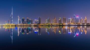 panorama visie van Dubai horizon reflecterend in de water gedurende nacht tijd. verbazingwekkend toerist bestemming, generatief ai technologie. foto