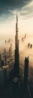 antenne visie, mega hoog wolkenkrabbers van Dubai gedekt in vroeg ochtend- gedurende mist tijdsverloop. generatief ai technologie. foto