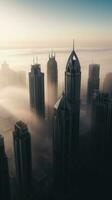antenne visie, mega hoog wolkenkrabbers van Dubai gedekt in vroeg ochtend- gedurende mist tijdsverloop. generatief ai technologie. foto