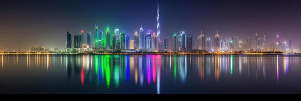 panorama visie van Dubai horizon reflecterend in de water gedurende nacht tijd. verbazingwekkend toerist bestemming, generatief ai technologie. foto