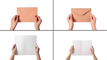 reeks van vrouw handen Holding blanco wit tweevoudig papier en envelop Aan wit achtergrond, generatief ai illustratie. foto