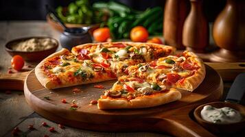 heerlijk vegetarisch opperste pizza toppings geladen met extra vers ingrediënten Aan houten snijdend bord. voedsel fotografie, generatief ai. foto