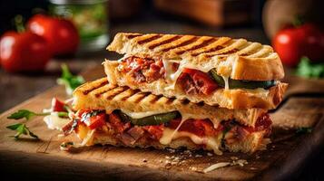 Italiaans voedsel beeld van smakelijk panini schotel met vers tomaten Aan houten achtergrond voor vlees minnaar. foto