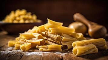 detailopname van ongekookt tortiglioni of rigatoni pasta met wit meel Aan houten tafel. generatief ai technologie. foto