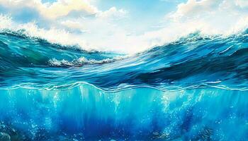waterverf oceaan water oppervlakte en onderwater, ai generatie foto