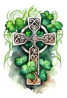 keltisch kruis versierd met groen klaverblaadjes, waterverf kaart, ai generatie foto