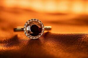 zwart diamant ring Aan leer achtergrond foto