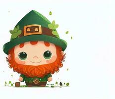 schattig glimlach baby elf van Ierse folklore, st patricks kaart, ai generatie foto