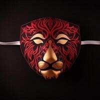 luxe rood goud leeuw gezicht masker Aan zwart achtergrond ai gegenereerd foto