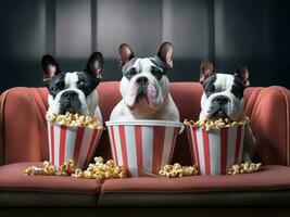 drie Frans bulldog met popcorn aan het kijken een film in bioscoop. genereren ai foto