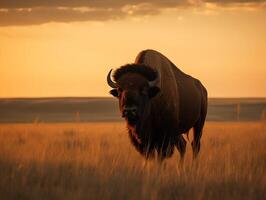 bizons houding majestueus eenzaamheid Aan de Amerikaans prairie foto