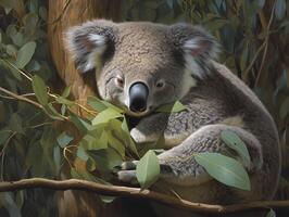 de rustig sluimeren van de koala in eucalyptus boom foto