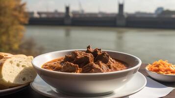 Hongaars goulash door de rustig Donau rivier- foto