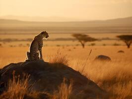 een eenzaam Jachtluipaard onder de Afrikaanse zonsopkomst foto