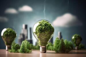 energie consumptie en co2 gas- uitstoot zijn toenemend licht bollen met groen eco stad, hernieuwbaar energie door 2050 koolstof neutrale energie, opslaan energie creatief idee concept, generatief ai. foto