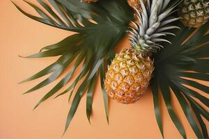 top visie van vers ananas met tropisch bladeren Aan pastel oranje achtergrond. , genereren ai foto