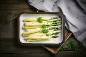 traditioneel gestoomd wit asperges met hollandaise saus en kruiden net zo een top visie in een glazuur dienblad Aan een oud hout tafel met kopiëren ruimte Aan de Rechtsaf, genereren ai foto