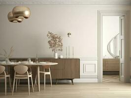 knus dining kamer interieur in beige, 3d veroorzaken, genereren ai foto