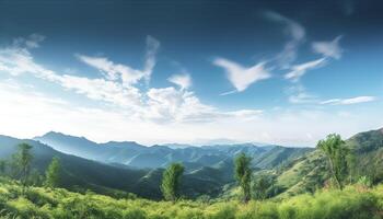 wereld milieu dag concept, groen bergen en mooi blauw lucht wolken generatief ai foto