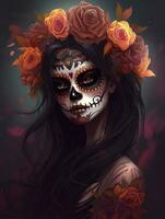 dag van de dood schedels. dia de los muertos. dag van de dood en Mexicaans halloween achtergrond. Mexicaans traditie festival. dag van de dood suiker schedel. dia de los muertos, genereren ai foto