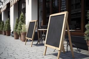 blanco restaurant winkel teken of menu borden in de buurt de Ingang naar restaurant. cafe menu Aan de straat. schoolbord teken in voorkant van een restaurant. uithangbord, vrijstaand een kader schoolbord. ai gegenereerd. foto