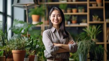 zakenvrouw staand Bij zolder kantoor met veel planten. illustratie ai generatief foto