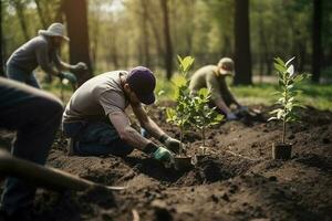 mensen aanplant bomen of werken in gemeenschap tuin bevorderen lokaal voedsel productie en leefgebied restauratie, concept van duurzaamheid en gemeenschap verloving , genereren ai foto