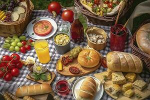 divers picknick voedsel en drankje, genereren ai foto