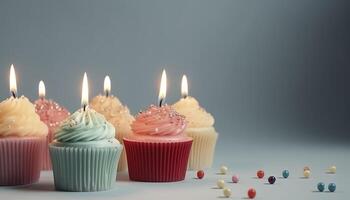 weet kleurrijk verjaardag cupcakes en kaars, generatief ai foto