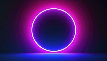 3d veroorzaken, blauw roze neon ronde kader, cirkel, ring vorm geven aan, leeg ruimte, ultraviolet licht, 80s retro stijl, mode tonen fase, abstract achtergrond, genereren ai foto