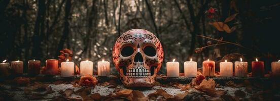 dag van de dood schedels. dia de los muertos. dag van de dood en Mexicaans halloween achtergrond. Mexicaans traditie festival. dag van de dood suiker schedel. dia de los muertos, genereren ai foto