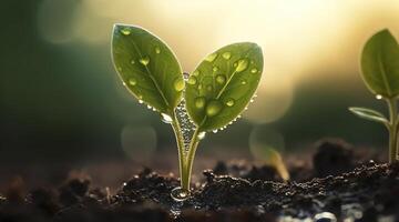 jong fabriek met laten vallen van water in zonlicht, groeit fabriek toenemen omhoog, generatief ai foto