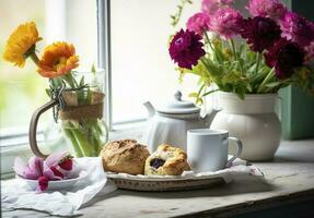 een moeder dag arrangement met thee en scones in voorkant van een helder venster, genereren ai foto