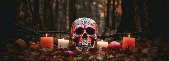 dag van de dood schedels. dia de los muertos. dag van de dood en Mexicaans halloween achtergrond. Mexicaans traditie festival. dag van de dood suiker schedel. dia de los muertos, genereren ai foto