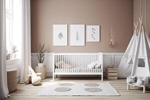 modern minimalistische kinderkamer kamer in Scandinavisch stijl. baby kamer interieur in licht kleuren, ai gegenereerd beeld foto