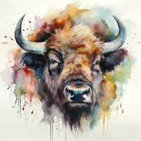 bizon buffel stier wild dier waterverf schilderij illustratie geïsoleerd Aan wit achtergrond, genereren ai foto