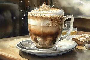 hand- getrokken waterverf koffie met chocola taart, cappuccino kop met schotel, geïsoleerd Aan wit achtergrond. heerlijk voedsel illustratie, genereren ai foto