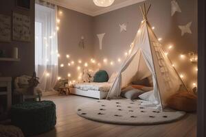 kinderen slaapkamer in donker kleuren. knus kinderen kamer interieur, Scandinavisch nordic ontwerp met licht slingers en zacht kussens, tent luifel bed. kinderen kamer in avond met lichten Aan. ai gegenereerd afbeelding. foto