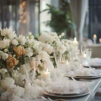 tafel instelling Bij een luxe bruiloft en mooi bloemen Aan de tafel , genereren ai foto