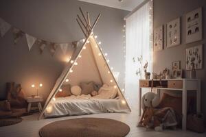 kinderen slaapkamer in donker kleuren. knus kinderen kamer interieur, Scandinavisch nordic ontwerp met licht slingers en zacht kussens, tent luifel bed. kinderen kamer in avond met lichten Aan. ai gegenereerd afbeelding. foto